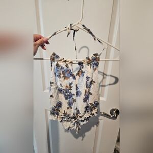 American Eagle Outfitters Cream Halter Cami with Blue Floral Print